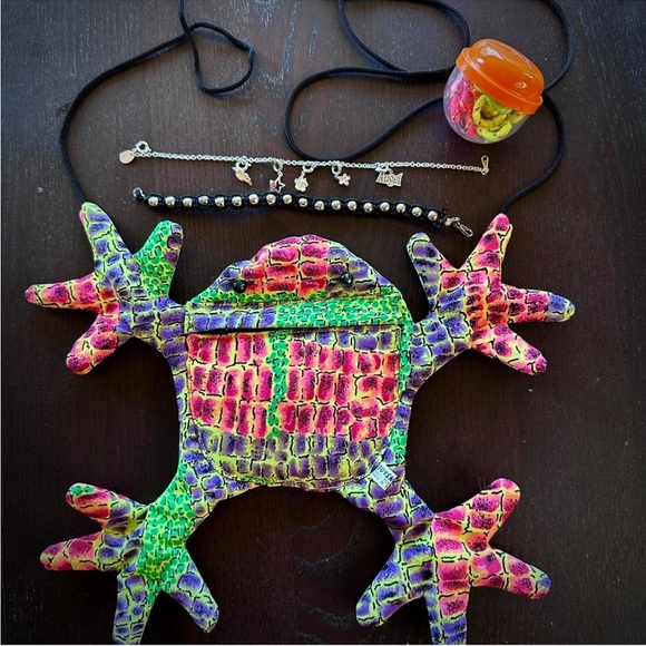 Assorted y2k items: frog purse, neon hair ties, and silver charm bracelets - Picture 4 of 7